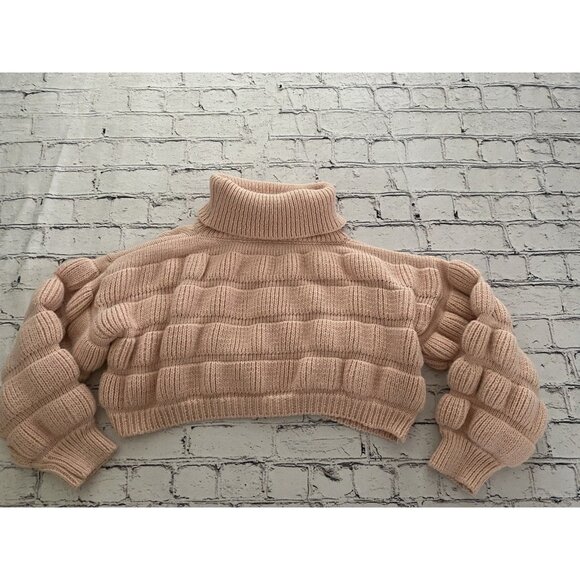 Bubble Gum Pink Turtleneck Cropped Chunky Puffy Sweater Small Medium Trendy EUC - Picture 6 of 16